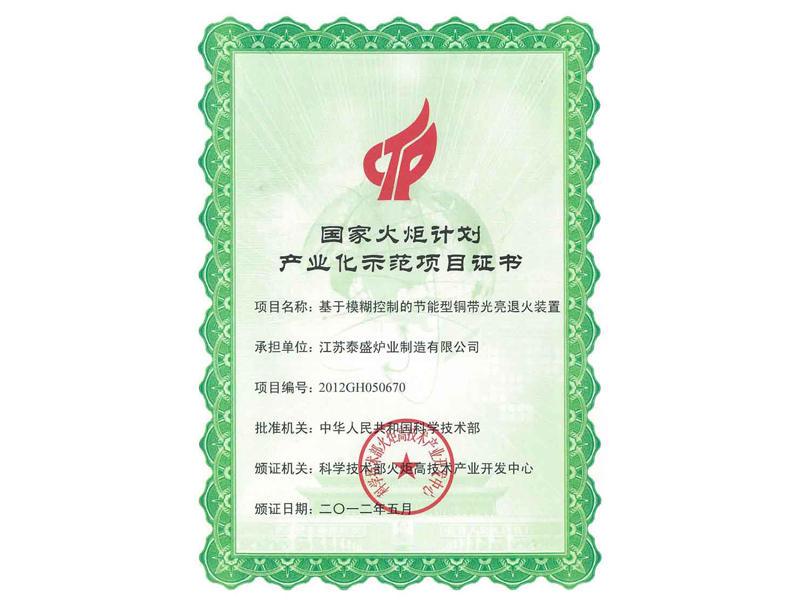 国家火炬计划产业化示范项目证书